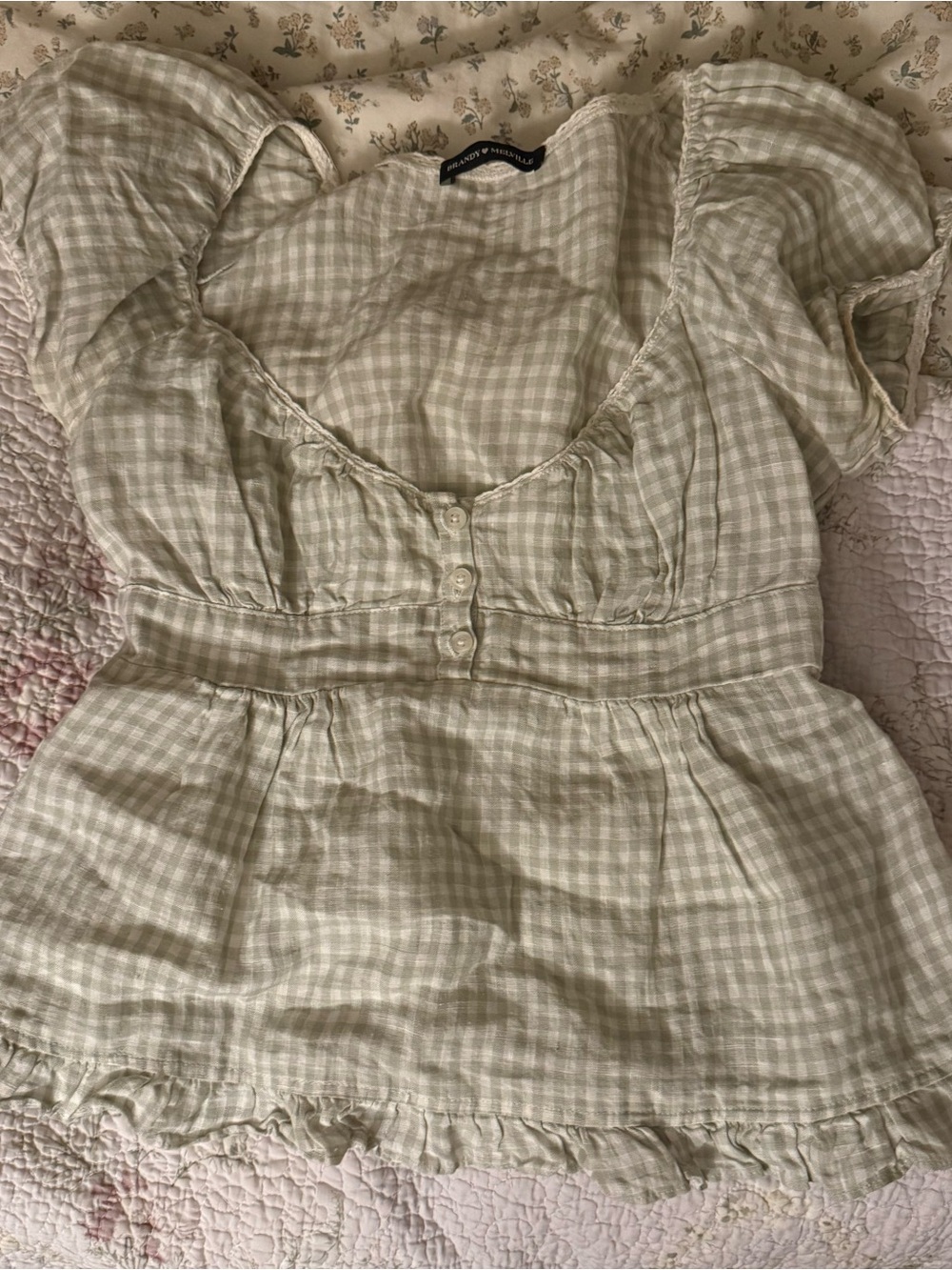 Brandy Melville Light Sage Gingham Puff Sleeve Dress